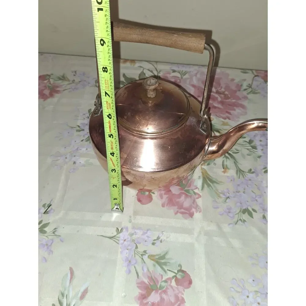 ANTIQUE COPPER TEA POT KETTLE W/ LID Wooden Handle